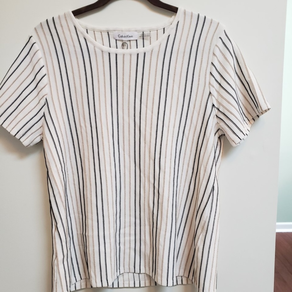 Calvin Klein Black and Gold Striped Cream Knit Top
